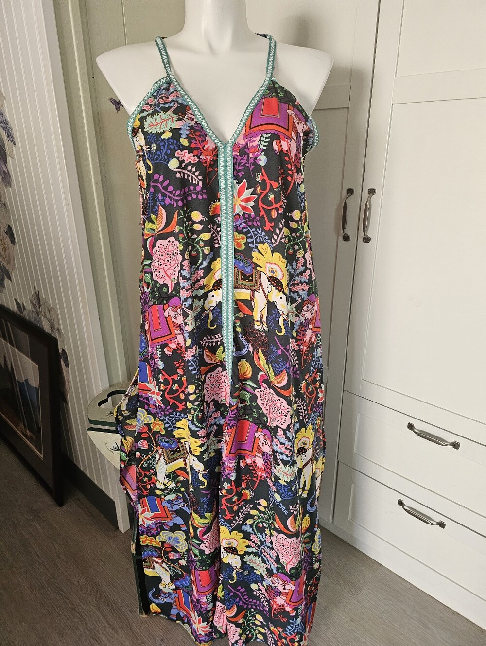 America Beyond Majestic Nights Elephant Floral Slit Maxi Dress Cover Up L 12-14